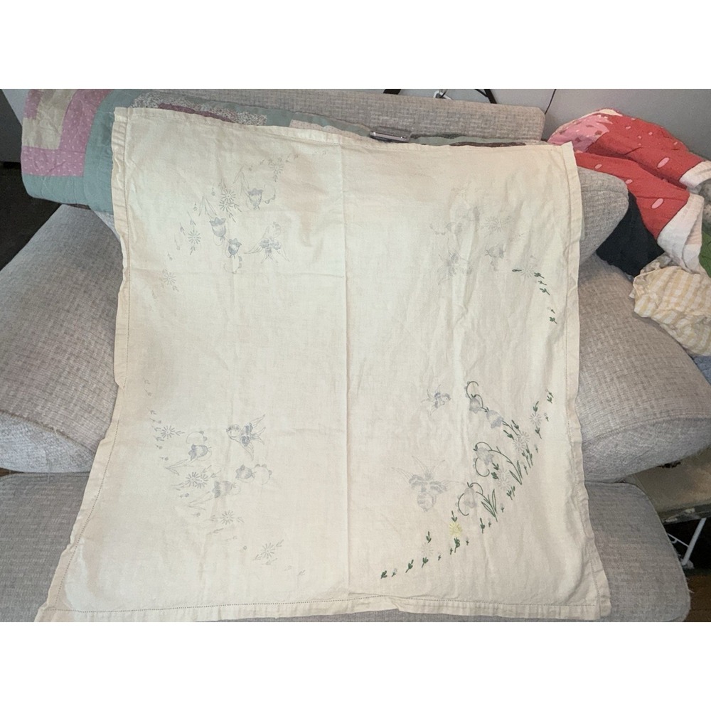 Vintage Hand Made Part Embroidered Stamped Tablecloth Flowers Bird 33 x 35